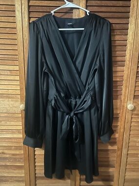 Express Black Satin Wrap Dress with Tie Waist Sz Large
